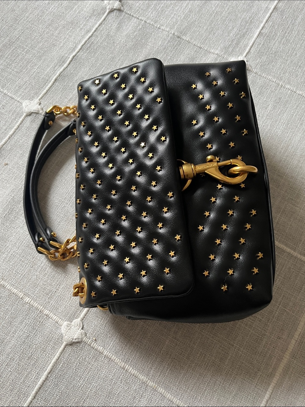 REBECCA MINKOFF Black Star-Studded Leather Shoulder Bag with Gold Chain